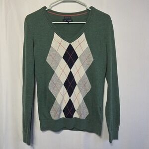 Tommy Hilfiger Green Argyle V-Neck Sweater Small Pima Cotton Preppy Classic